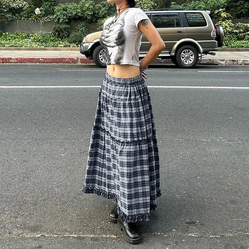 TAVIMART  -  Y2K Frill A-line Skirt Women Streetwear Plaid Print Grunge Style Low Waist Loose Long Skirts Preppy Fashion Outfits