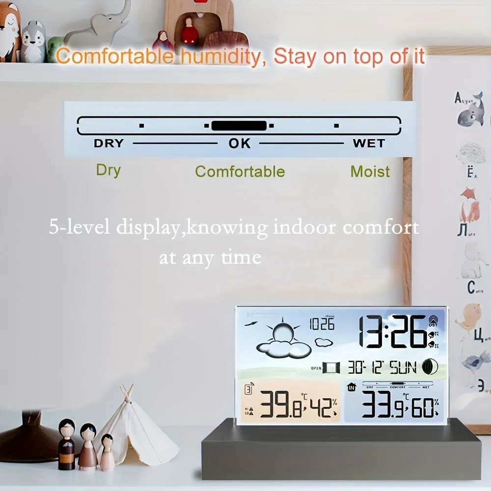 Transparent Glass Weather Thermometer Clock Color Screen RF Wireless Multi-function Weather Forecast Indoor Outdoor Thermometer Electronic Alarm Clock