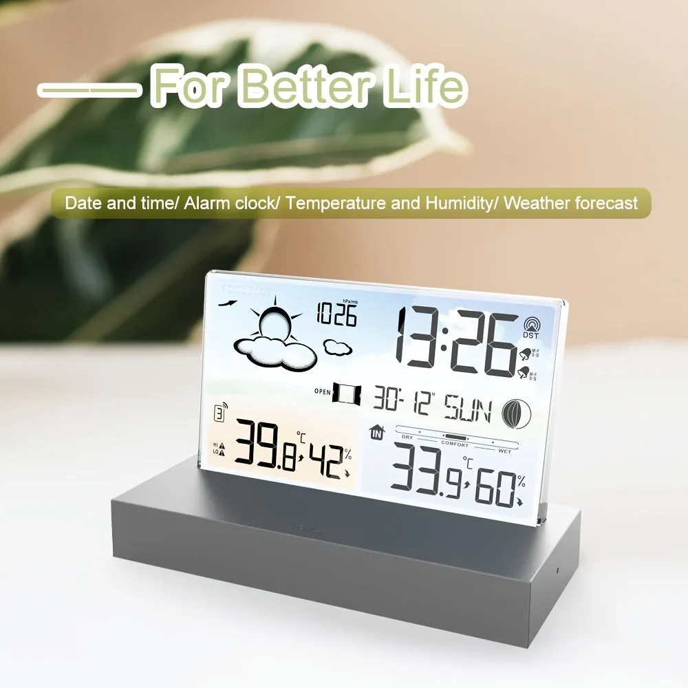 Transparent Glass Weather Thermometer Clock Color Screen RF Wireless Multi-function Weather Forecast Indoor Outdoor Thermometer Electronic Alarm Clock