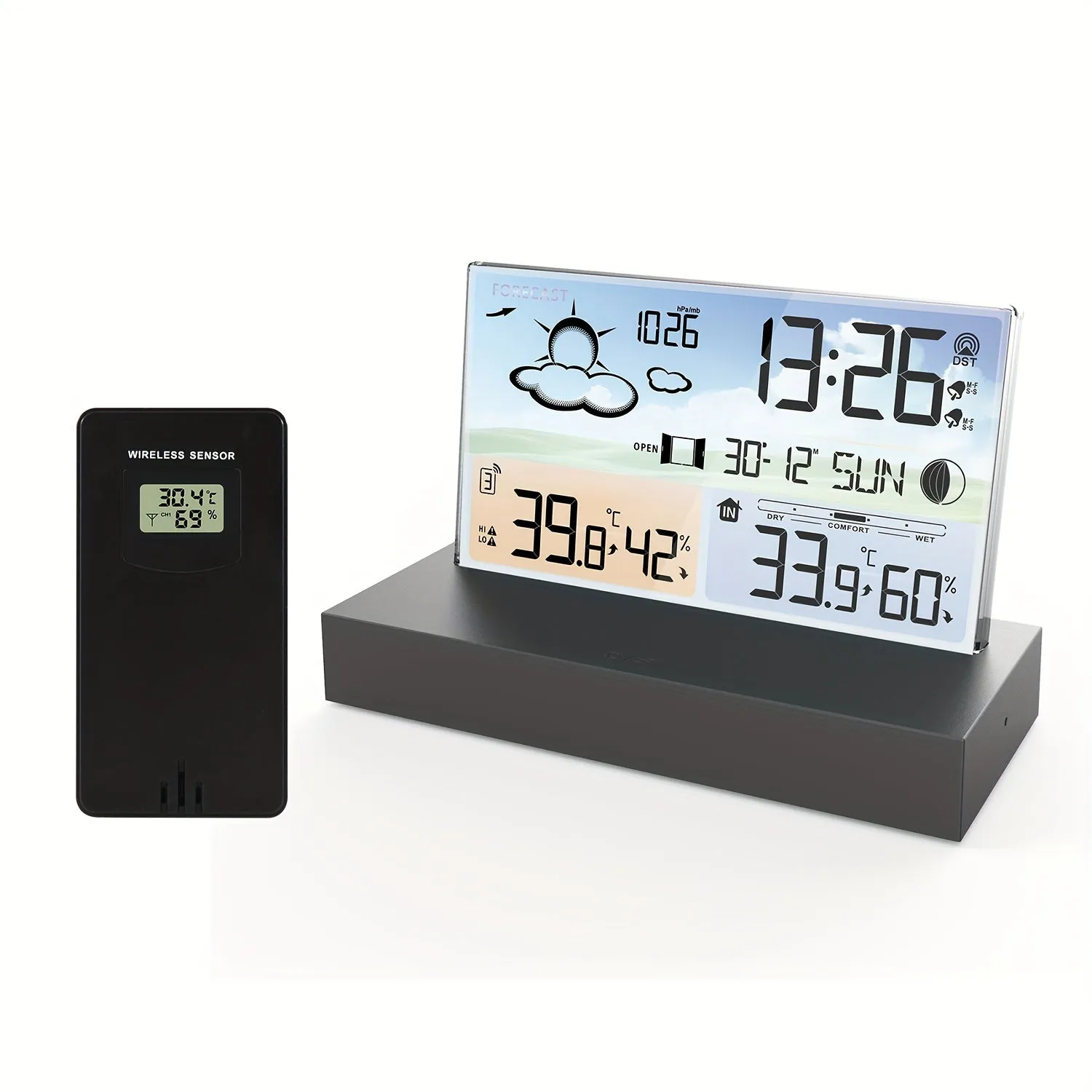 Transparent Glass Weather Thermometer Clock Color Screen RF Wireless Multi-function Weather Forecast Indoor Outdoor Thermometer Electronic Alarm Clock