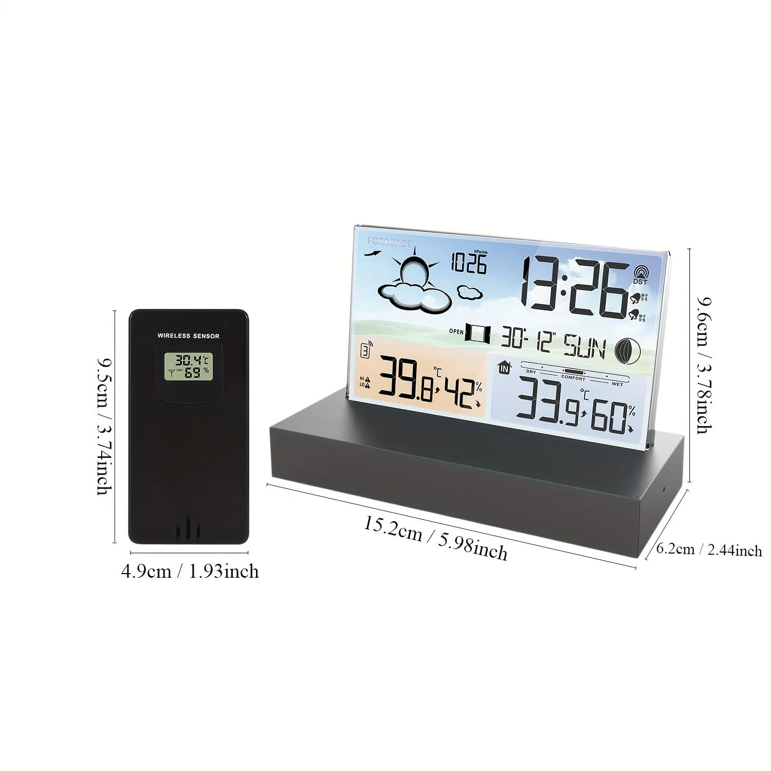 Transparent Glass Weather Thermometer Clock Color Screen RF Wireless Multi-function Weather Forecast Indoor Outdoor Thermometer Electronic Alarm Clock