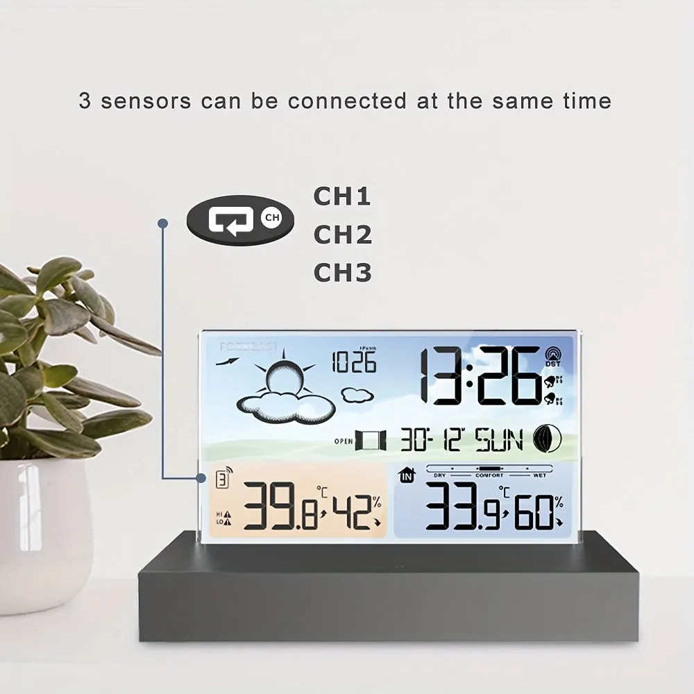 Transparent Glass Weather Thermometer Clock Color Screen RF Wireless Multi-function Weather Forecast Indoor Outdoor Thermometer Electronic Alarm Clock