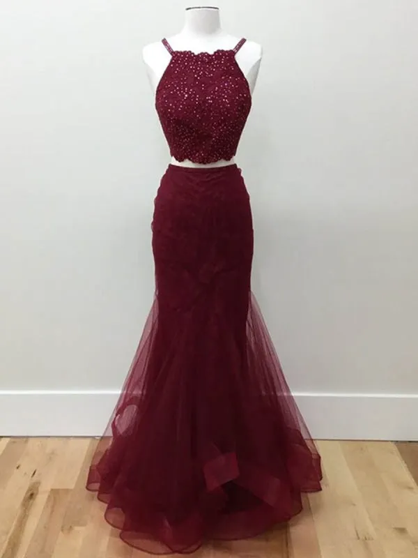 Two Pieces Halter Neck Mermaid Tulle Maroon Prom with Beadings Maroon Formal Evening