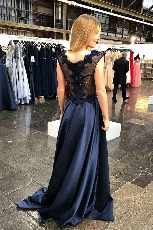 V-neck Cap Sleeves Sweep Train Navy Prom Party Dress with Appliques PM212