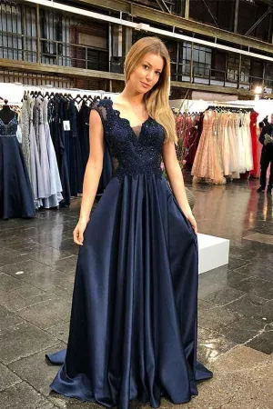 V-neck Cap Sleeves Sweep Train Navy Prom Party Dress with Appliques PM212