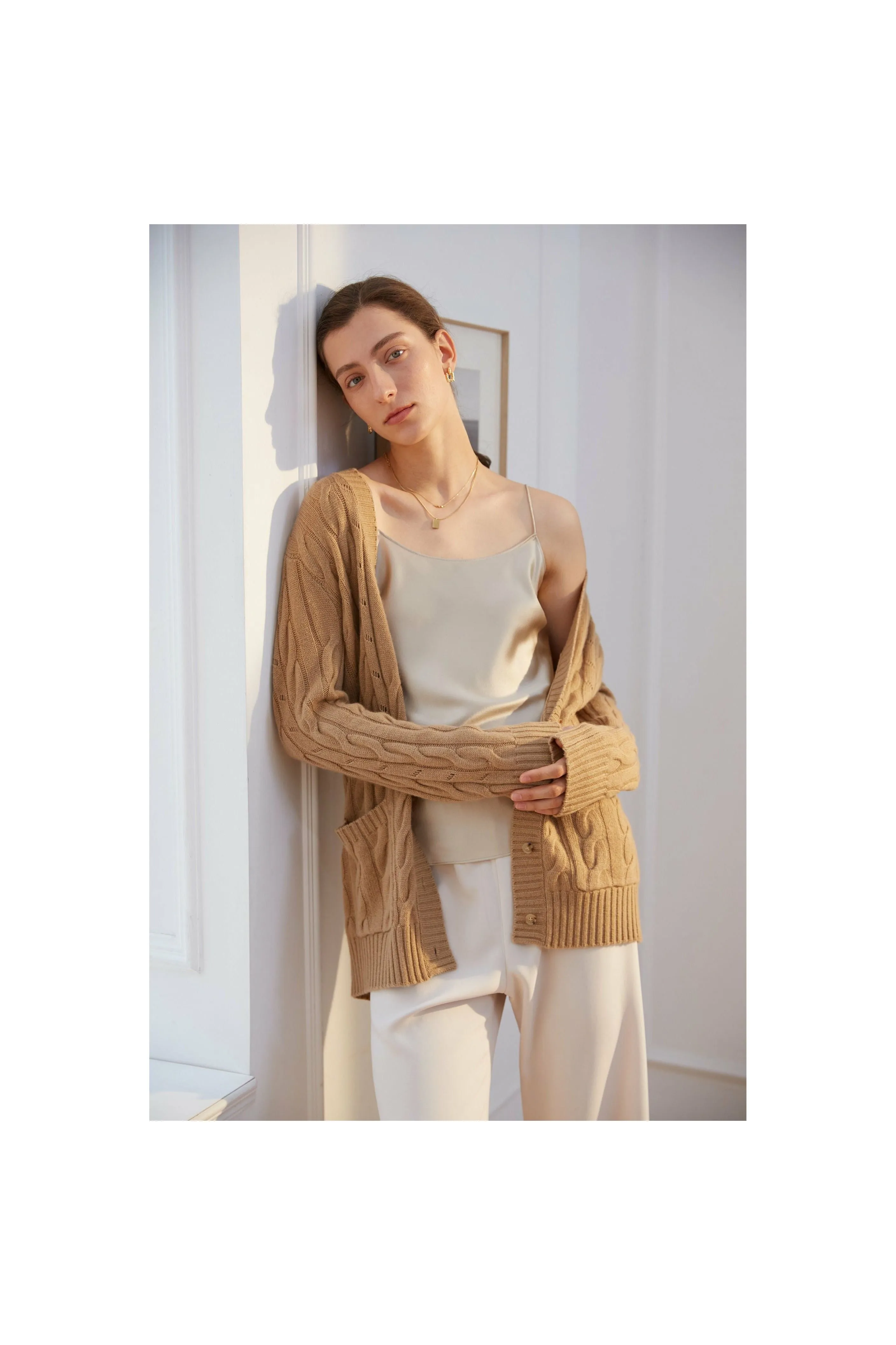 W. Cashmere Luka Cable Knit Cardigan 21FH01 | Sand | Clearance Final Sale