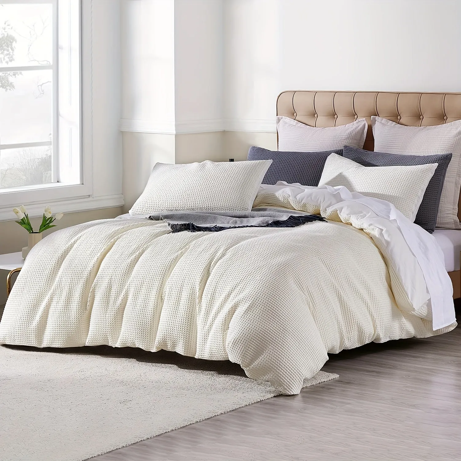 Waffle Weave Duvet Cover Set- 100% Cotton Textured Duvet Cover For All Seasons, Soft Breathable Comforter Cover With Zipper Closure, 1 Duvet Cover, 2 Pillow Shams