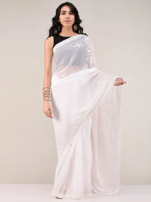 White Aari Embroidered Georgette Saree From Kashmir - S031704660