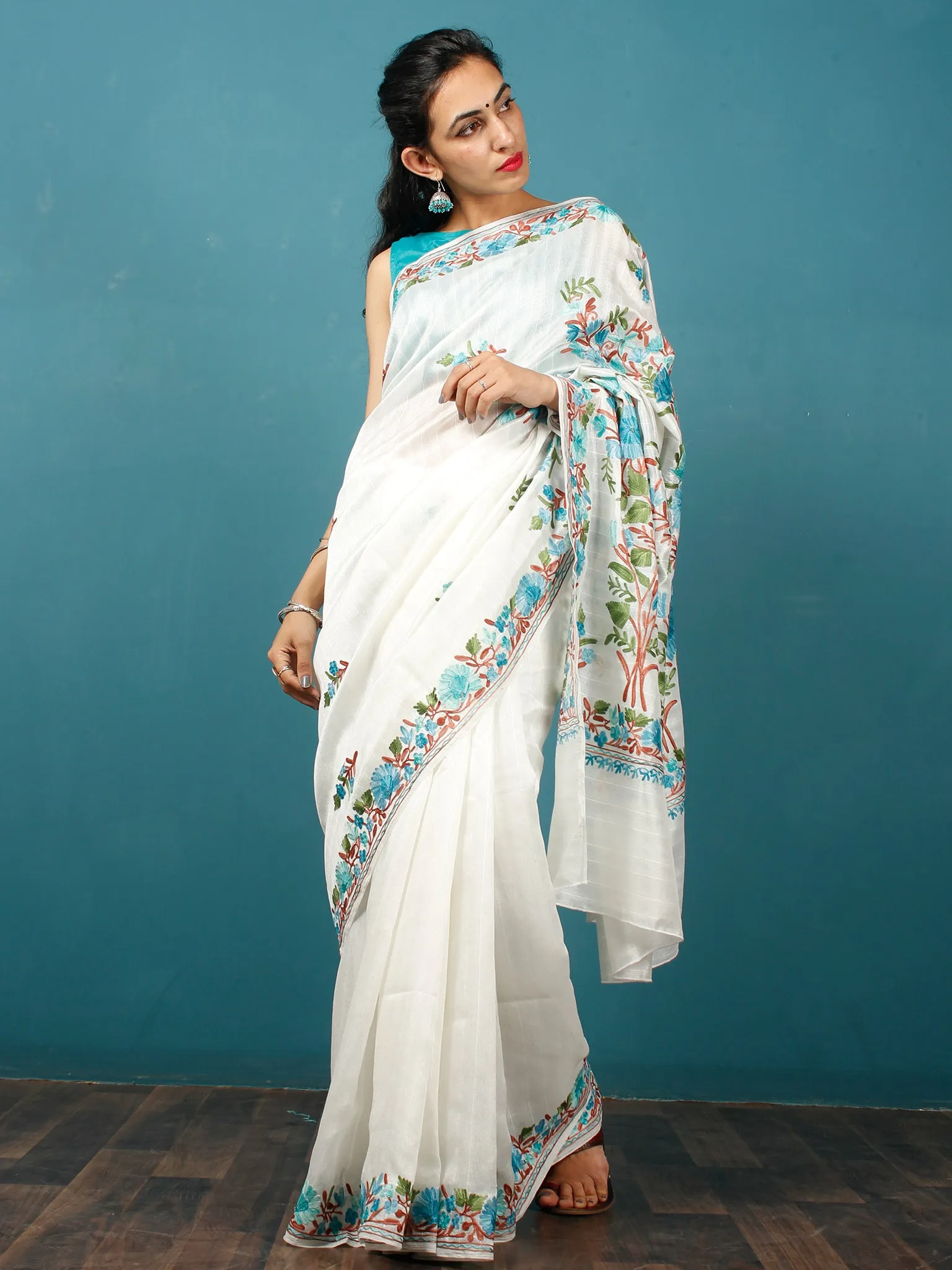 White Green Blue Rust Aari Embroidered Bhagalpuri Silk Saree From Kashmir  - S031703067