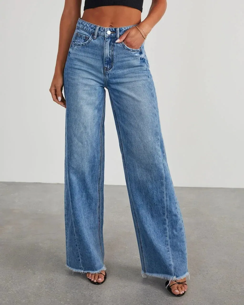 Wide Leg Pants Women Splice Casual Loose Jeans Pockets Button Mid Waist Regular Straight Denim Long Trousers