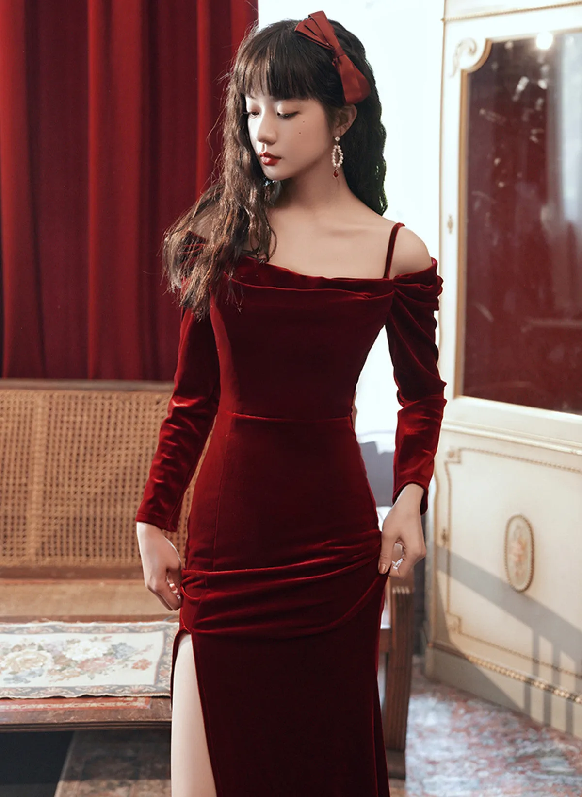 Wine Red Velvet Off Shoulder Long Mermaid Party Dress,Wine Red Wedding Party Dress