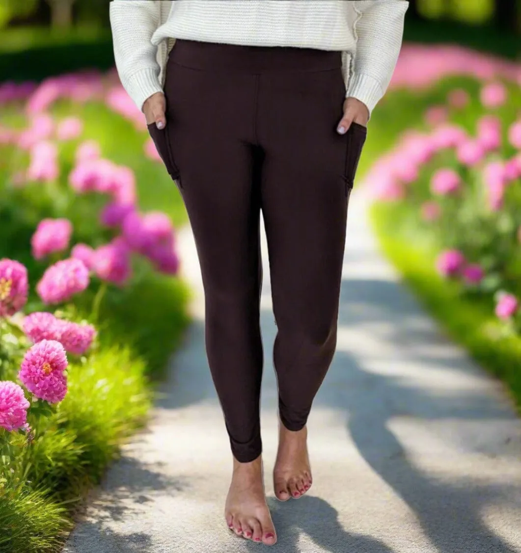 Womens Brown Pocket Leggings, Soft Yoga Pants, Sizes OS/TC, Yoga Waist, Exclusive Leggings