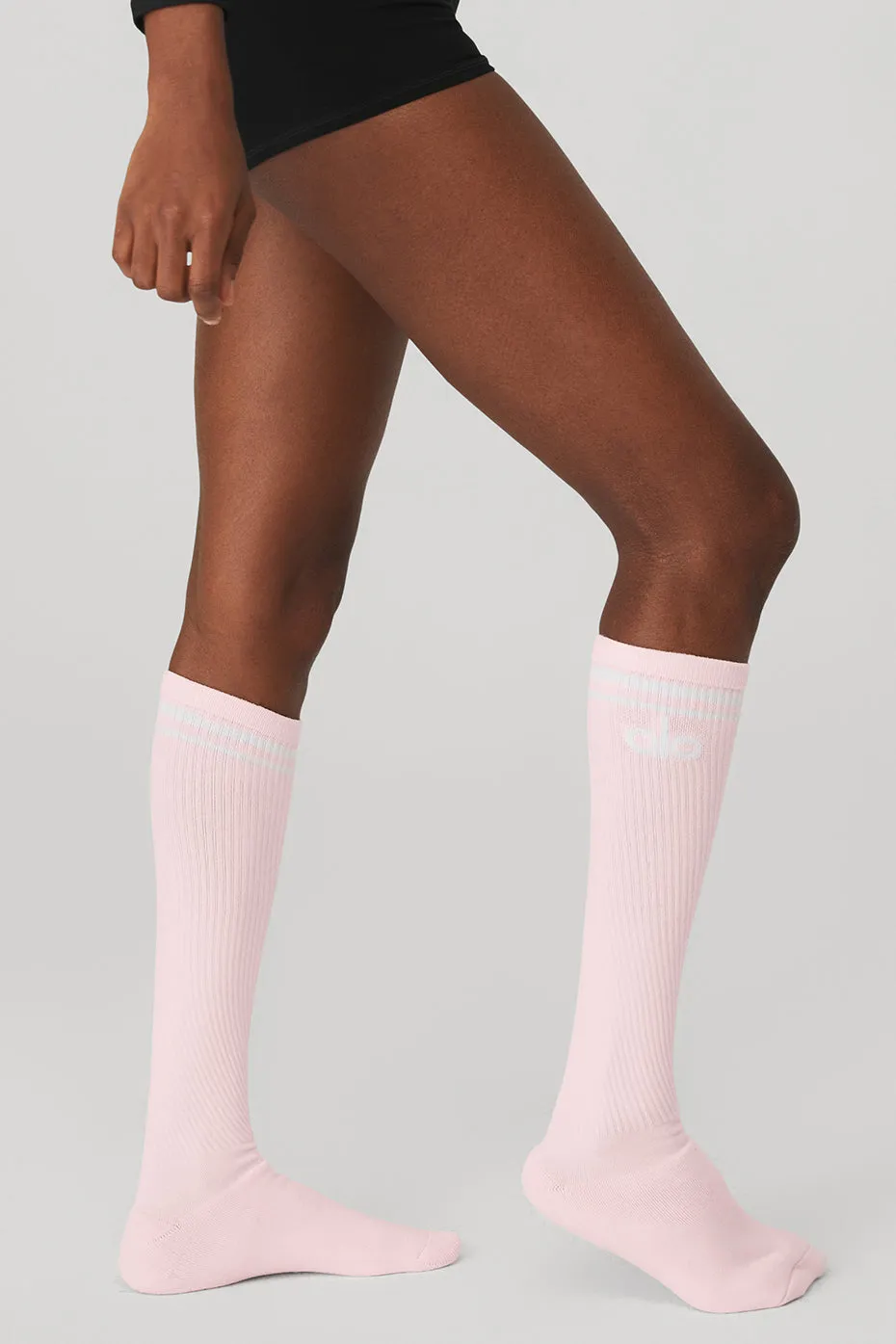 Women's Knee-High Throwback Barre Sock - Powder Pink/White