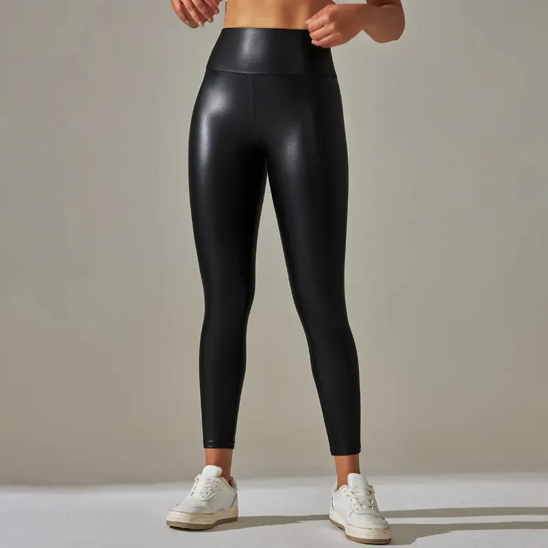 Women's Solid High Waist PU Leather Leggings