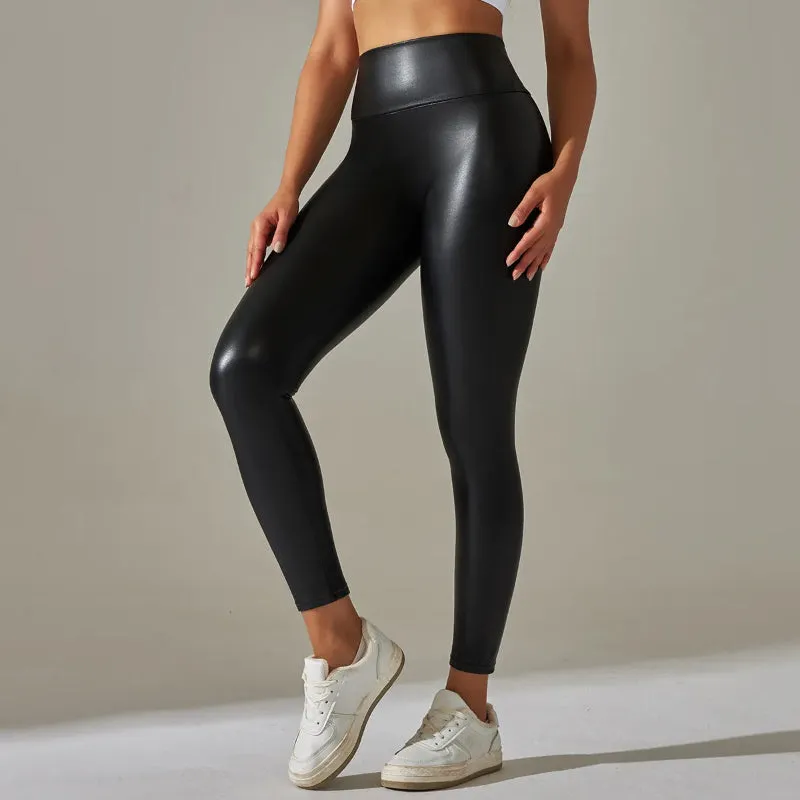 Women's Solid High Waist PU Leather Leggings