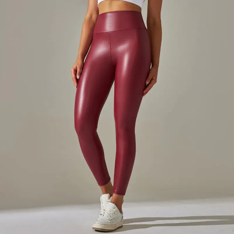 Women's Solid High Waist PU Leather Leggings