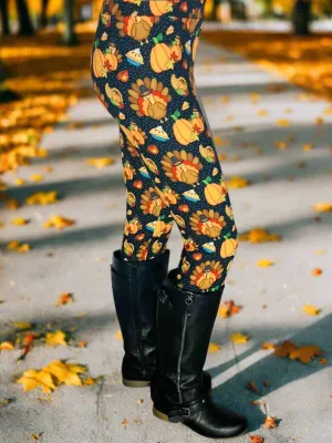 Womens Thanksgiving Dinner Turkey Leggings, Pumpkin Pie Cornucopia Fall Leggings, Sizes OS/TC, Brown/Multi, Yoga Waist, Exclusive Leggings