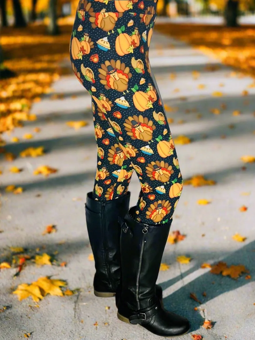 Womens Thanksgiving Dinner Turkey Leggings, Pumpkin Pie Cornucopia Fall Leggings, Sizes OS/TC, Brown/Multi, Yoga Waist, Exclusive Leggings