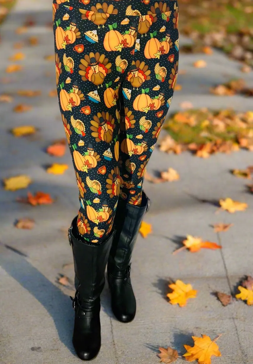 Womens Thanksgiving Dinner Turkey Leggings, Pumpkin Pie Cornucopia Fall Leggings, Sizes OS/TC, Brown/Multi, Yoga Waist, Exclusive Leggings