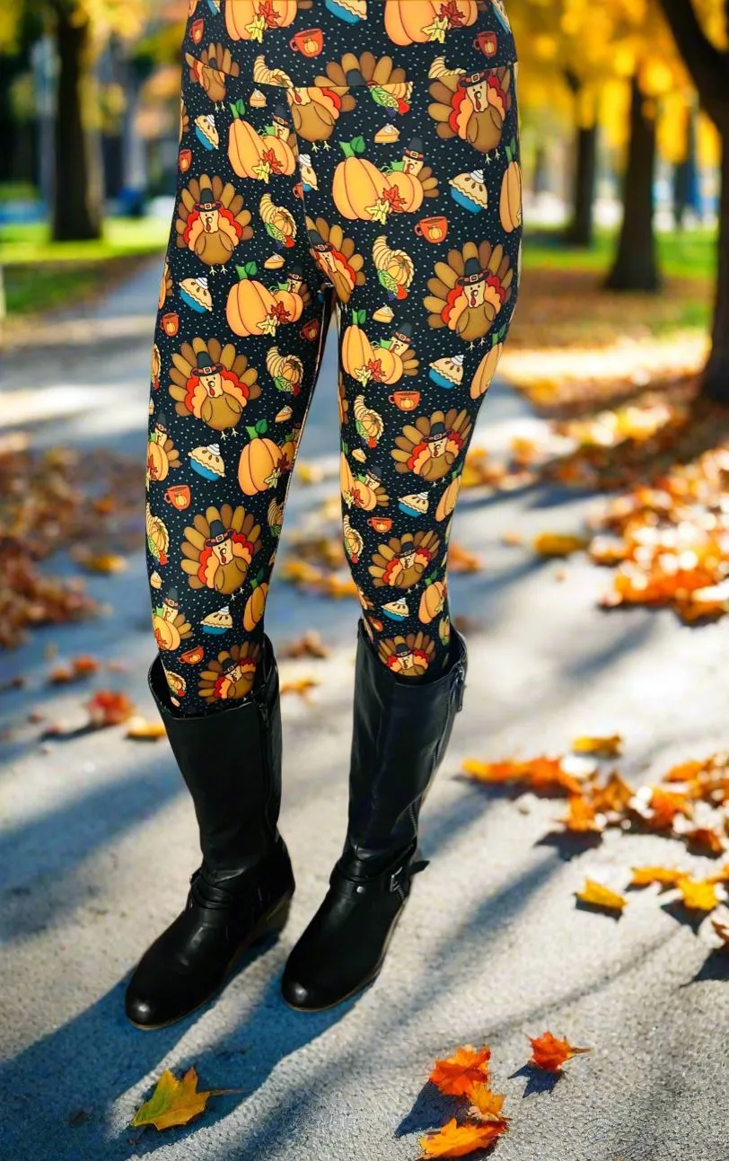 Womens Thanksgiving Dinner Turkey Leggings, Pumpkin Pie Cornucopia Fall Leggings, Sizes OS/TC, Brown/Multi, Yoga Waist, Exclusive Leggings