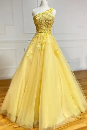 Yellow Lace One Shoulder Evening Dress A-Line Tulle Long Prom Dress