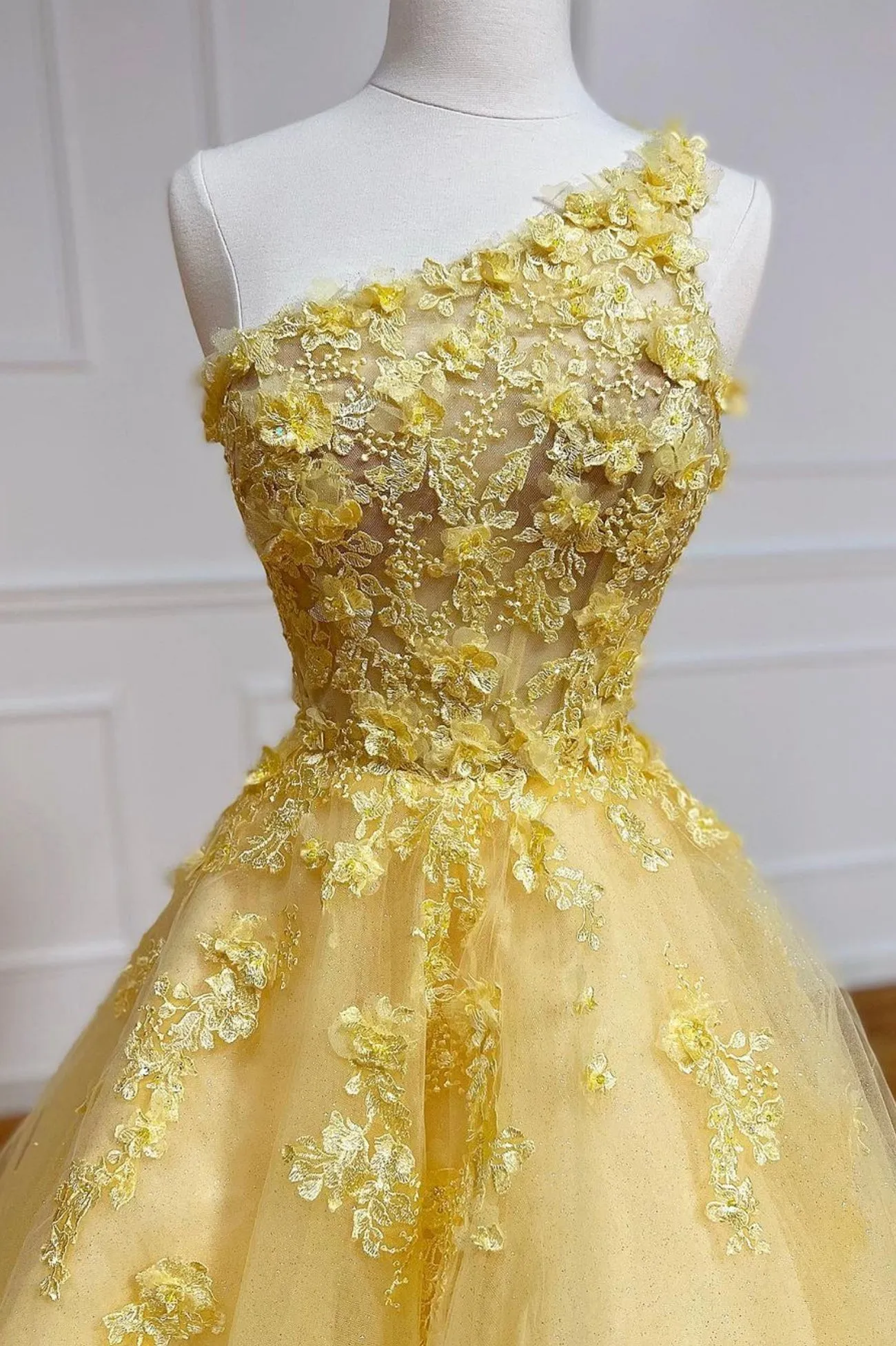 Yellow Lace One Shoulder Evening Dress A-Line Tulle Long Prom Dress