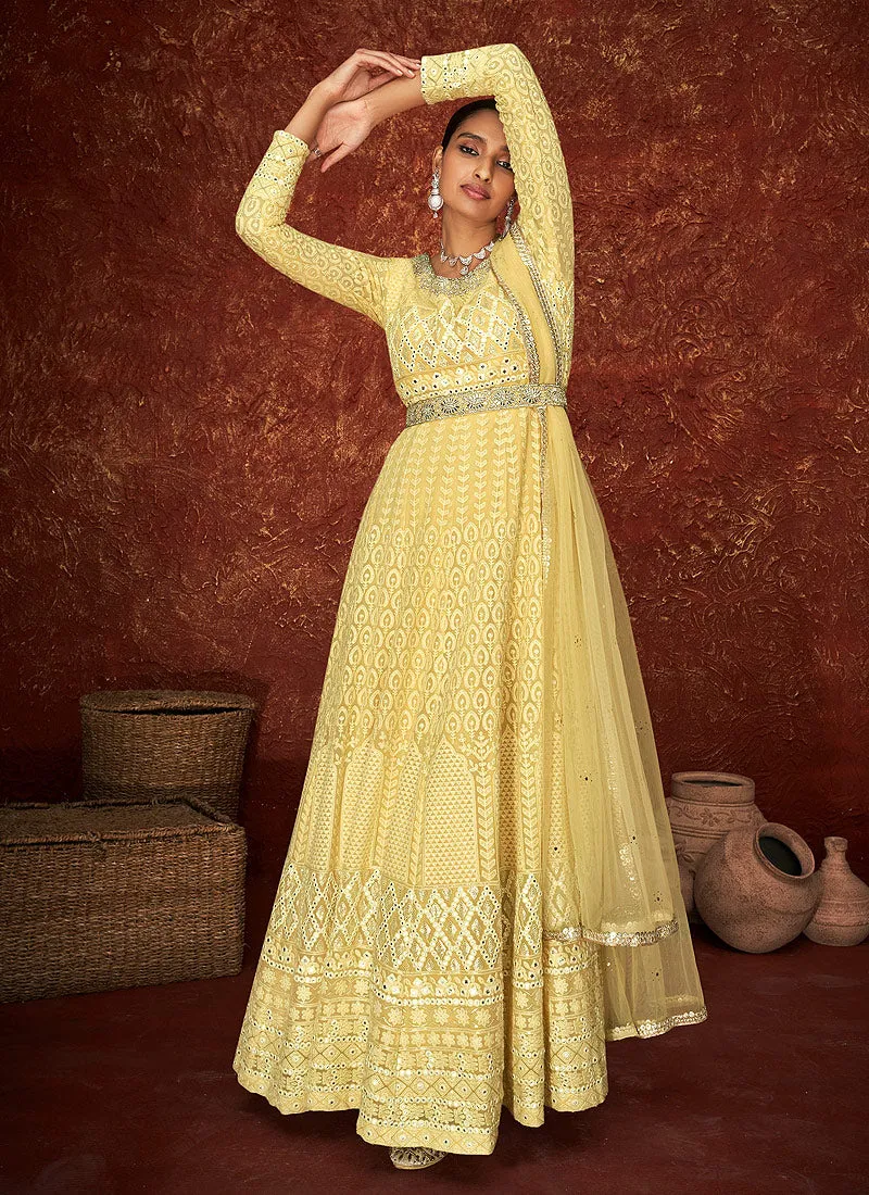 Yellow Lucknowi Embroidered Anarkali Suit