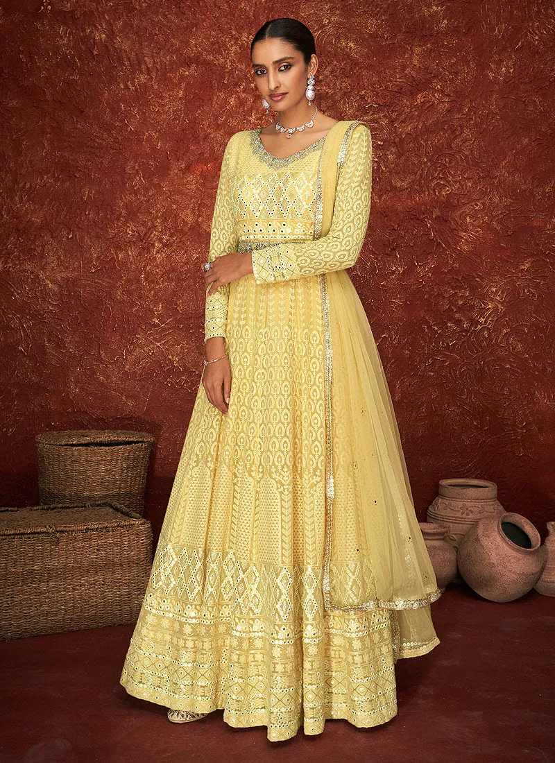 Yellow Lucknowi Embroidered Anarkali Suit